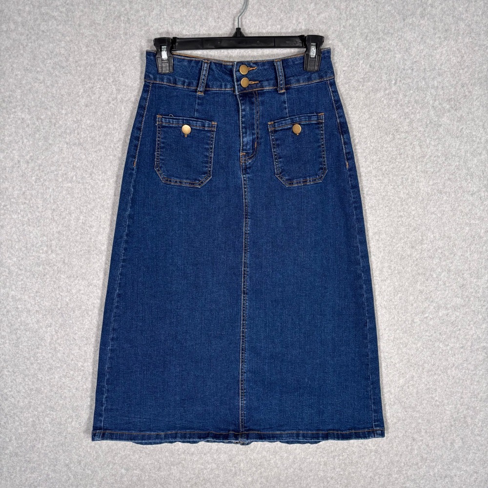 Belle Poque Patch Pockets Denim Jean Midi Skirt Small Retro Style 70s Sailor